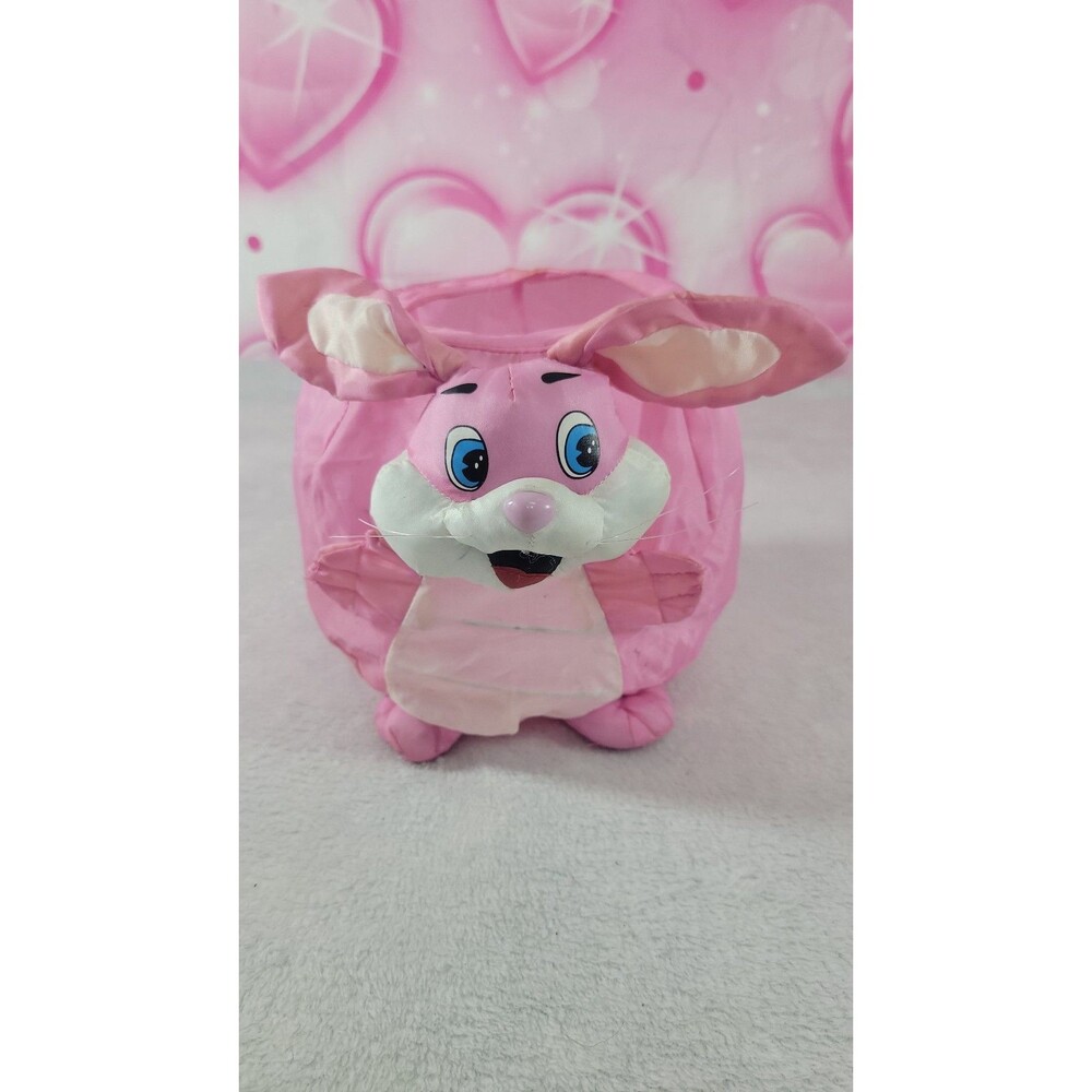 Vintage Pink Bunny Rabbit Easter Basket Plush Collapsible Pop Up Storage Bucket